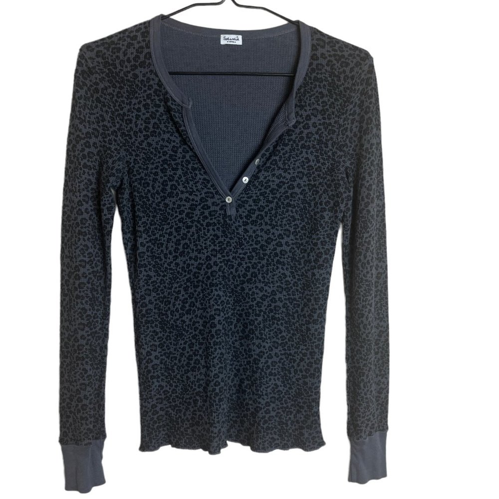 Splendid Animal Print Henley Waffle Thermal Top Blue Black Size X-Small